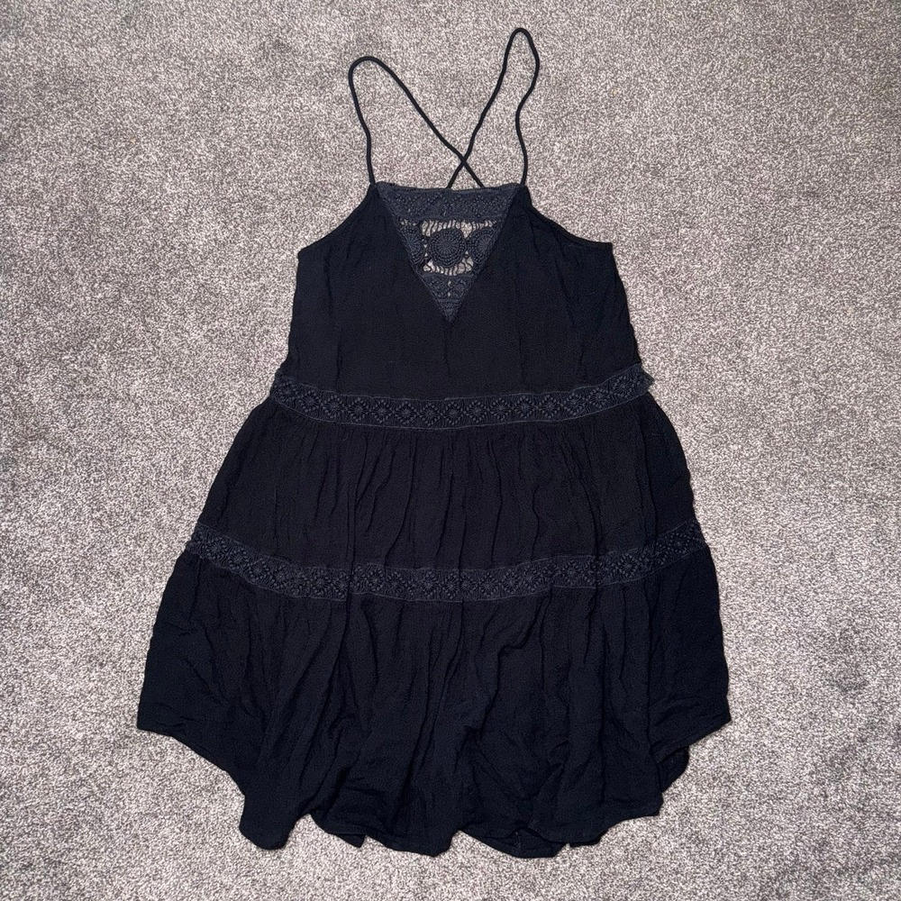 Amuse Society Black Linnea Dress W Lace V-Neck Cross Spaghetti Straps Size Small